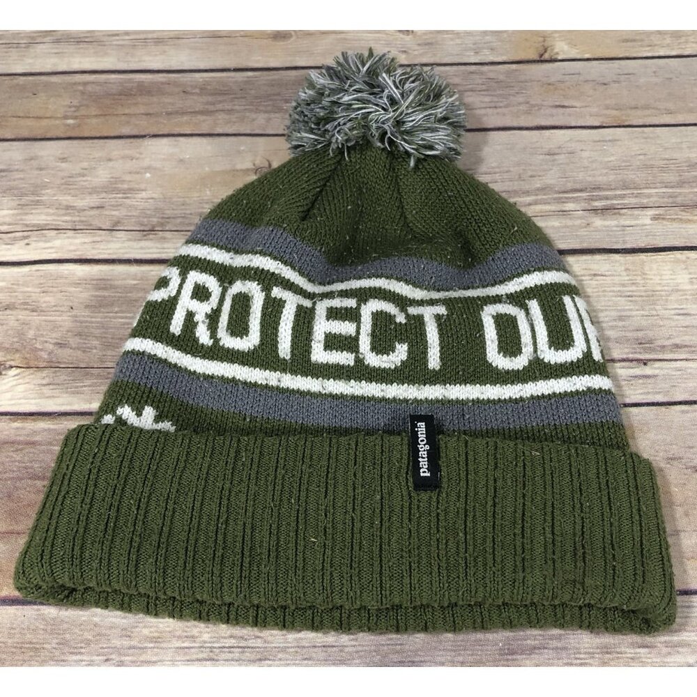 Patagonia Protect Our Winters Snow Beanie Hat Pom Pom Thicker Quality Green